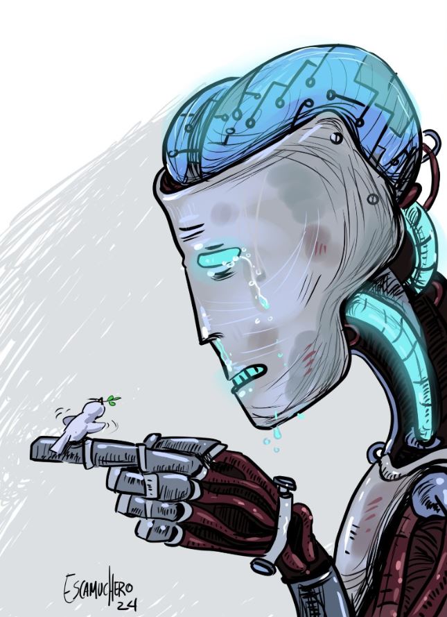 Caricatura cubana reflexiona sobre el papel de la IA en la paz