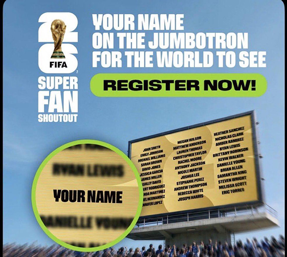 FIFA ofrece a aficionados pagar por mostrar sus nombres en pantallas del Mundial 2026