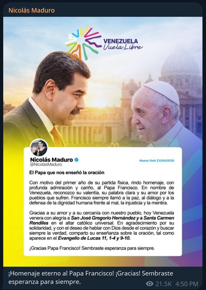 Maduro rinde homenaje al papa Francisco