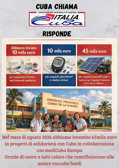 Asociación Italia-Cuba dona 65.000 euros para proyectos de salud y energía en Cuba